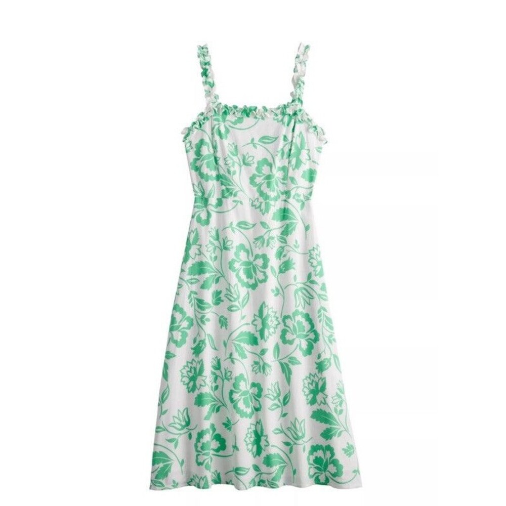 Draper James RSVP Linen Dress Womens 12 Green Floral Midi Cottagecore Spring